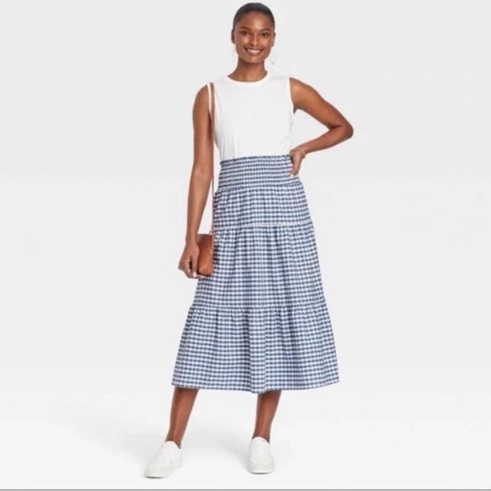 ✨NWT✨ Universal Thread | Blue & White Gingham Print Tiered Pocket Midi Skirt
